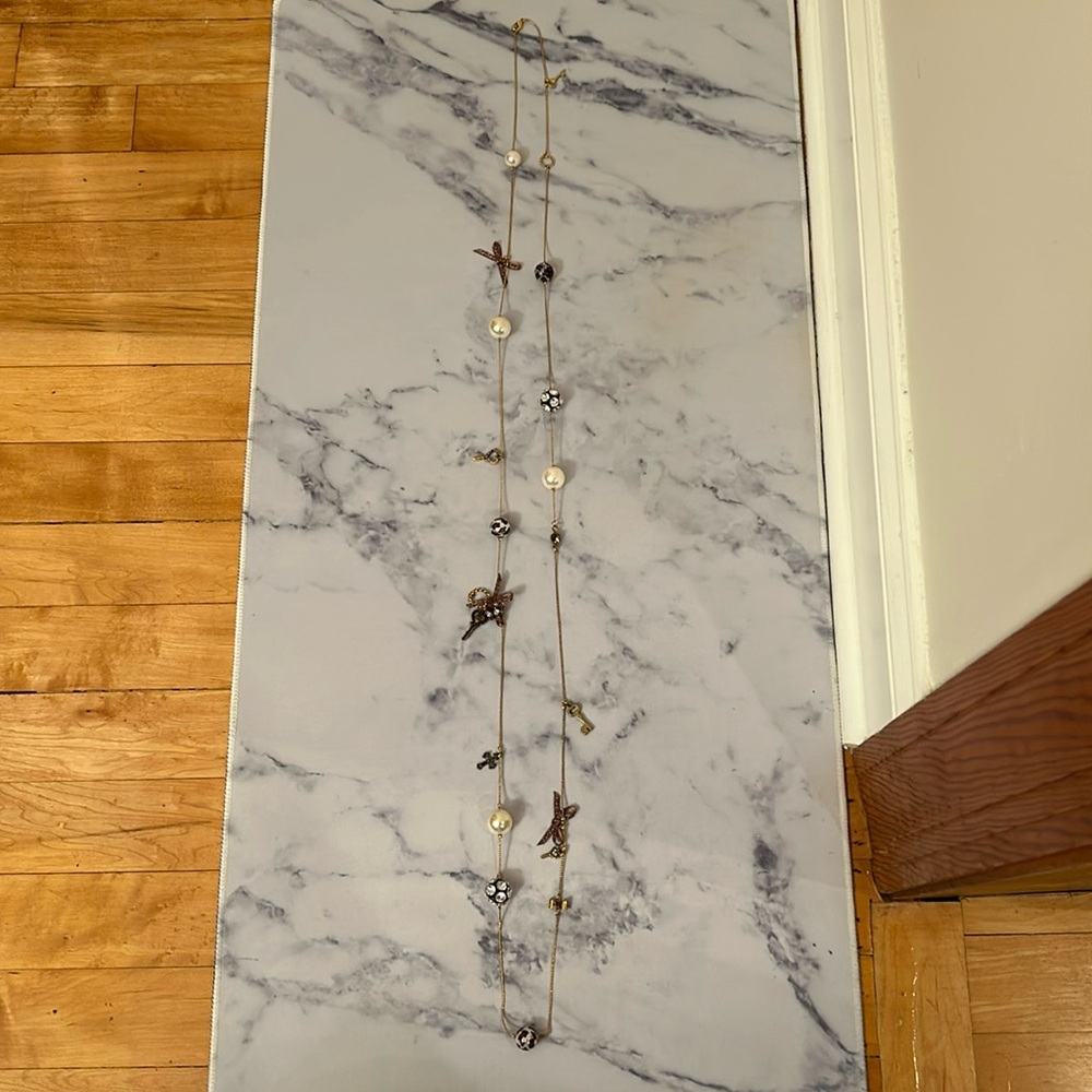 Betsey Johnson Long Gold Charm Pearl Necklace